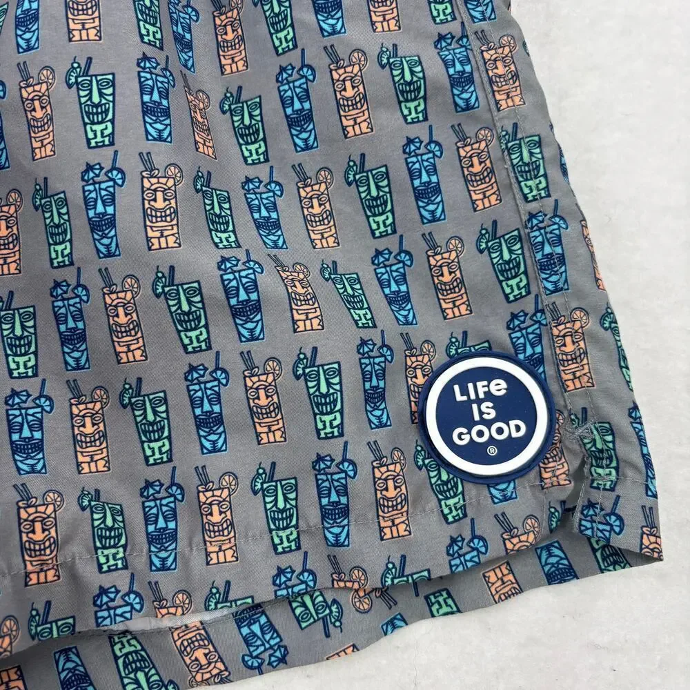 Life is Good Swim Trunks Men Size L Gray Tiki Print Mesh Lined Drawstring Shorts